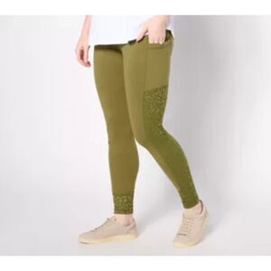 LOGO By Lori Goldstein Activewear Leggings Lace Pants Green XL Stretch Pocket